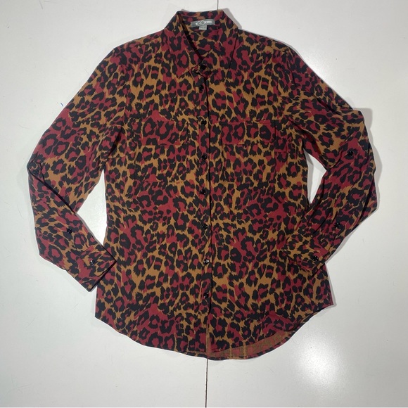 Go Silk Red Tan Black Leopard/Cheetah Print 100% Silk Button Down Blouse S - Picture 3 of 13